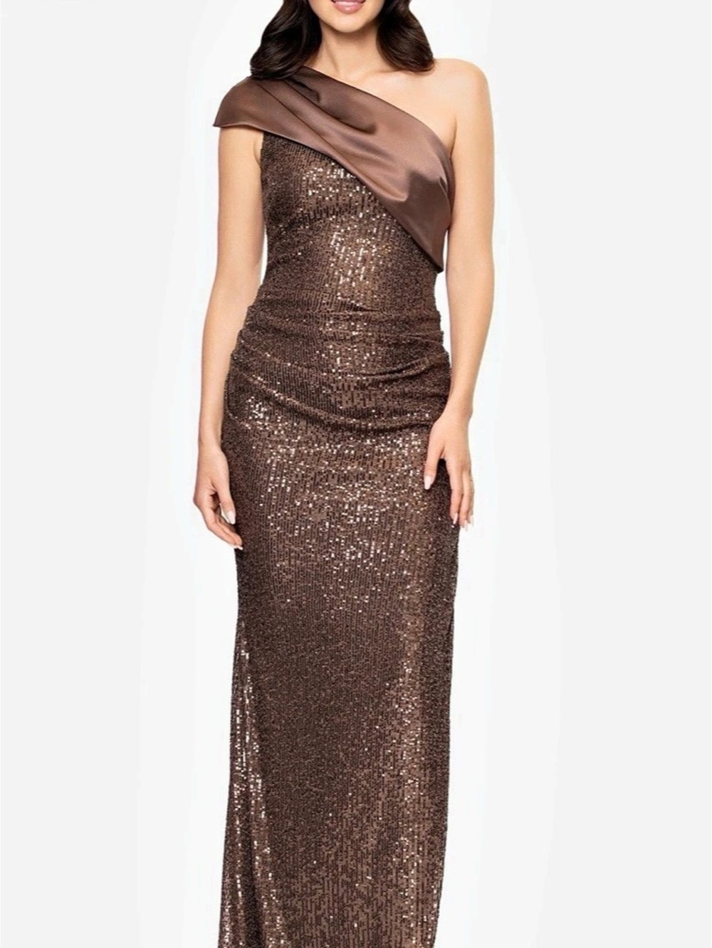 NWT Betsy & Adam Sequined Ruched One Shoulder Gown Brown Dress Sz 12